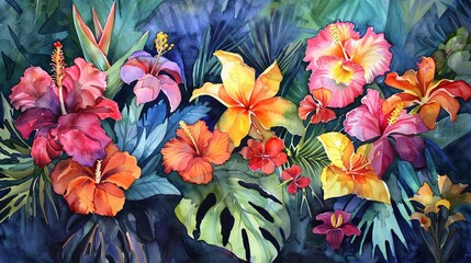 Watercolor painting of an array of tropical flowers, their exotic colors and shapes bringing an energizing and refreshing vibe to the clinic