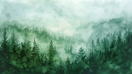 Watercolor painting of early morning mist rising from a dense forest, the muted greens and soft grays creating a soothing visual escape