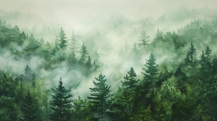 Watercolor painting of early morning mist rising from a dense forest, the muted greens and soft grays creating a soothing visual escape