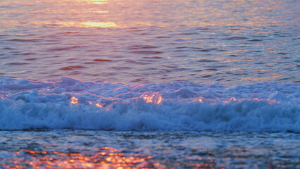 Golden Or Orange Sky In An Evening At Ocean. Orange Sun Set And Golden Sunshine Reflected On Sea....