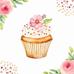 Cute cupcake with flowers, watercolor illustration cupcake with cream and flowers clipart for design greeting card, - obrazy, fototapety, plakaty