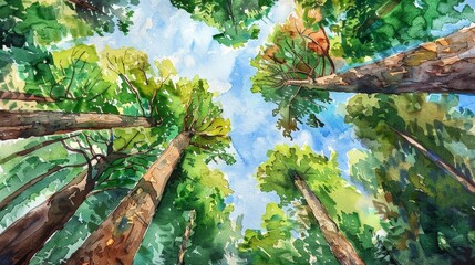 Obraz premium Watercolor view from beneath towering trees, looking up towards the sky, the perspective emphasizing the grandeur and calm of nature