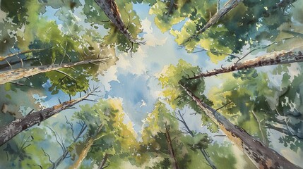 Watercolor view from beneath towering trees, looking up towards the sky, the perspective emphasizing the grandeur and calm of nature