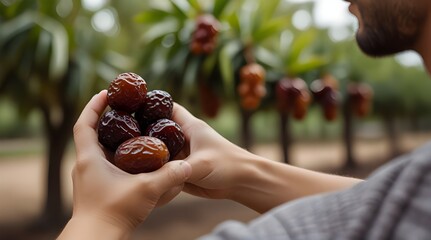 Hand holding dates selecting sweet fruit with blurred.generative.ai