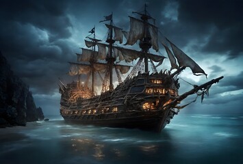 Fototapeta premium A very scary pirate ship traveling in the night sea