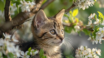 A young Felidae kitten rests under a flowering tree, its whiskers moving gently as it takes in the beauty of its natural habitat