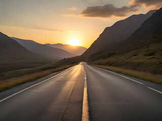 sunset on the road. road, highway, sky, sunset, landscape, travel, nature,Ai generated 
