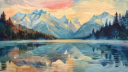 serene alpine lake surrounded by towering snow abstract illustration poster background