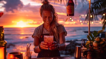 Beach barista creating signature miracle coffee cocktails, sunset, relaxed vibe , vibrant color