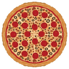 Vector illustration of a pepperoni and olive pizza.
