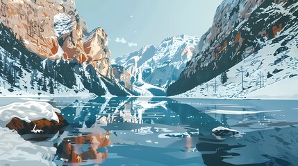serene alpine lake surrounded by towering snow abstract illustration poster background - obrazy, fototapety, plakaty