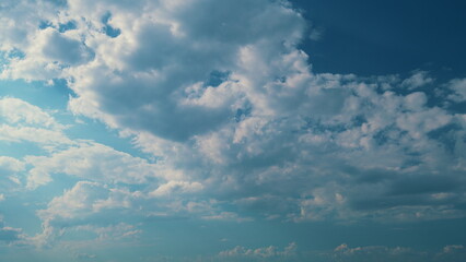 Airy Snow-White Clouds Move. Climate And Weather. Beautiful Background Sunny Cloudy Blue Skyscraper.