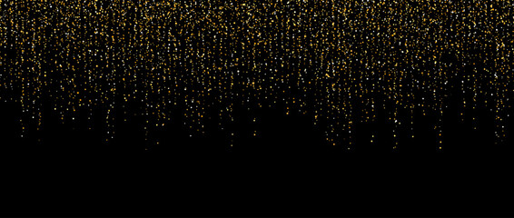 Gold confetti garland on dark background. Falling golden glitter and sparkle wallpaper. Yellow shining dots repeating pattern. Magic dust sparkling decoration for Christmas, New Year. Vector backdrop