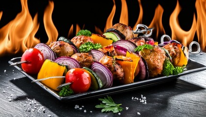 meat on the grill, Shish kebab with vegetables grilled over fire on black background