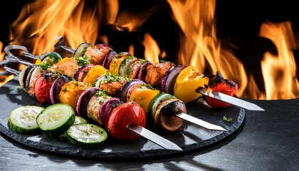 meat on the grill, Shish kebab with vegetables grilled over fire on black background
