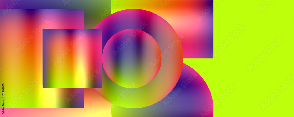 Poster An electric blue and magenta abstract background with colorful circles and squares on a vibrant yellow backdrop, creating a symmetrical and artistic pattern in a closeup view