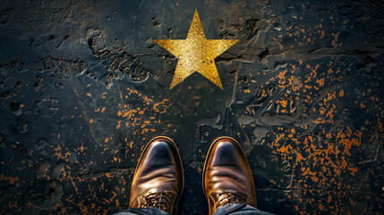 A golden star on a textured black ground with a pair of business shoes at the top, Concept of...