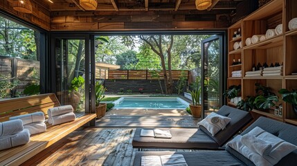 Fototapeta premium Luxury spa offering skinrejuvenating coffee, tranquil setting, plush robes , DALL-E 2