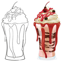 Vector illustration of a sundae, sketched and colored.