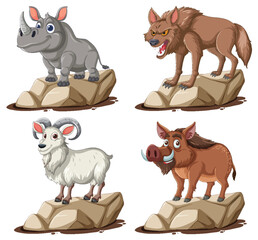 Four cartoon animals illustrated on individual rocks.