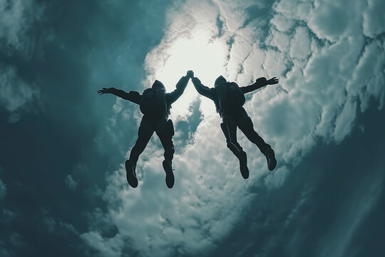 A skydiving parachute skydiver in skydiving rises high into the air. Holding hands in a circle, falling to the earth with skill and grace.