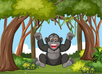 Cheerful gorilla sitting under trees in a forest.