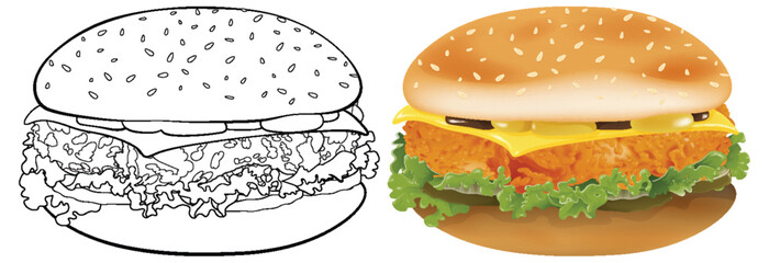 Two burgers, one realistic and one sketch, side by side.