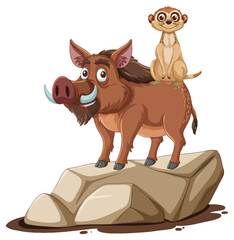 Cartoon monkey and boar standing on a rock.