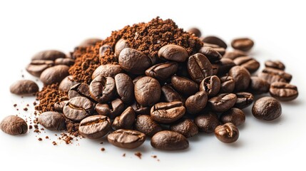 Naklejka premium Coffee beans and ground coffee isolated on white background.