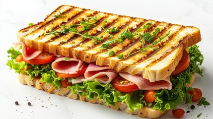 A delicious ham and cheese sandwich with lettuce, tomato, and mayonnaise on grilled bread.