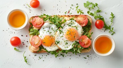 Top view of a healthy breakfast with fried eggs, cherry tomatoes, arugula, and olive oil on a white background