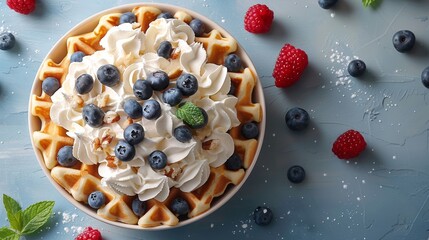 Top view of a bowl of waffles with whipped cream, blueberries and raspberries. - obrazy, fototapety, plakaty