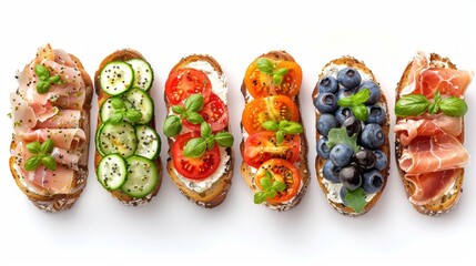 Top view of variety of open faced sandwiches with fresh vegetables, cheese, prosciutto and basil leaves - obrazy, fototapety, plakaty
