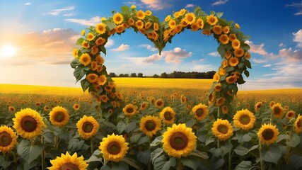 Beautiful yellow sunflowers against a blue background, an artistic depiction of a field of vivid sunflowers below a blue sky. Beautiful sunflowers in a blue background frame with room for Mother's Day