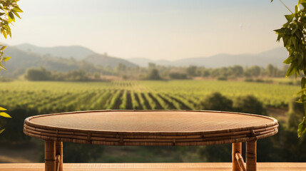 A round wooden table with a view of a vineyard