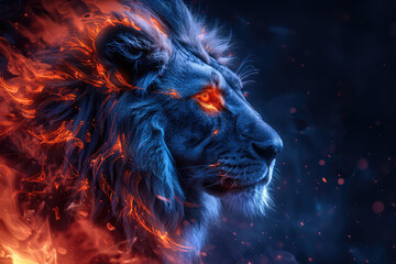  A lion made of fire, orange and blue colors, dark background, fantasy style, ultra realistic. Created with Ai