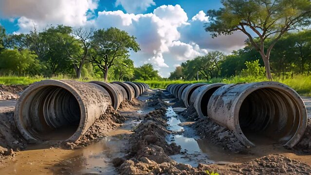 A large concrete pipe lies on the ground at a construction site.