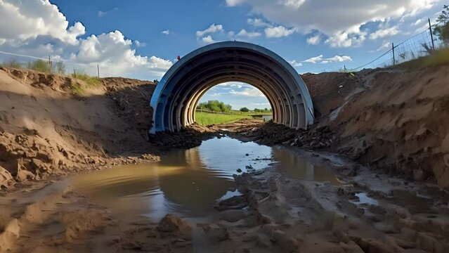 A large metal culvert under a road