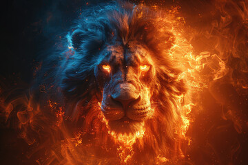 A majestic lion with a fiery mane, glowing eyes and a fierce expression stands against a backdrop of swirling flames.  Created with Ai