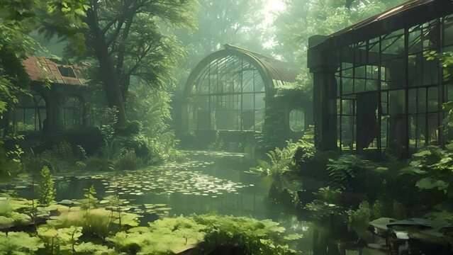 A photo of an overgrown and abandoned greenhouse with a pond in front of it.