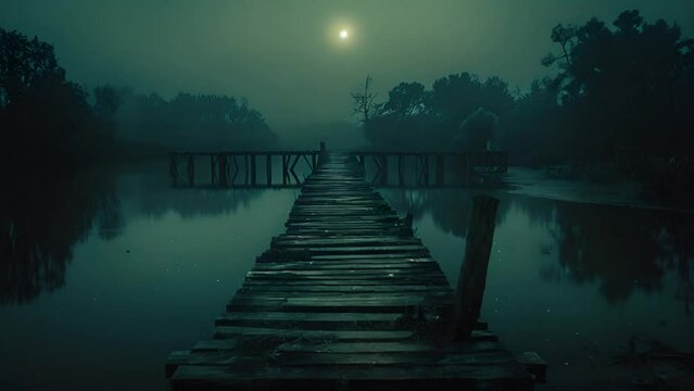 A wooden dock extending out into a body of water with a full moon rising in the background and trees on the shore