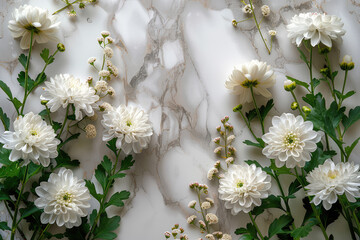  wallpaper illustration with white marble texture and small realistic chrysanthemum flowers. Created with AI