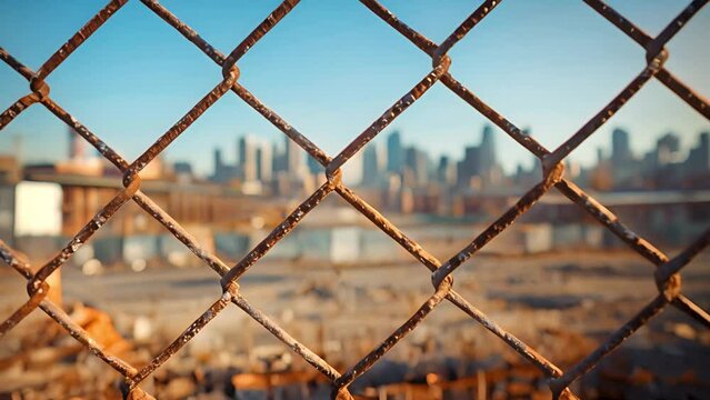 rusty chain link fence in front of an out of focus urban skyline