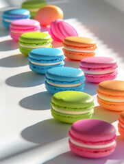 Vibrant display of brightly colored macarons, concept of celebration, joy, and confectionery art.