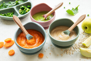 Healthy baby food in bowls