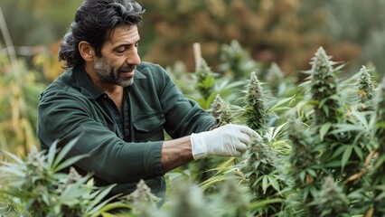 A man researching marijuana in a cannabis plantation for alternative medicine . Concept Medical Research, Marijuana, Cannabis Plantation, Alternative Medicine, Researcher