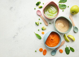 Healthy baby food in bowls