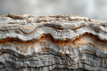 A detailed closeup of the intricate patterns and textures on an old, weathered log's surface....