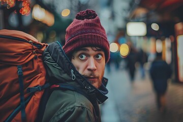 Obraz premium Frantic Traveler Desperate Search for a Lost Essential During the Journey