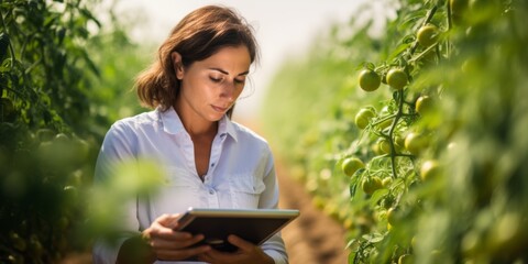A female farmer inspects her tomato plants using a digital tablet. Generative AI.